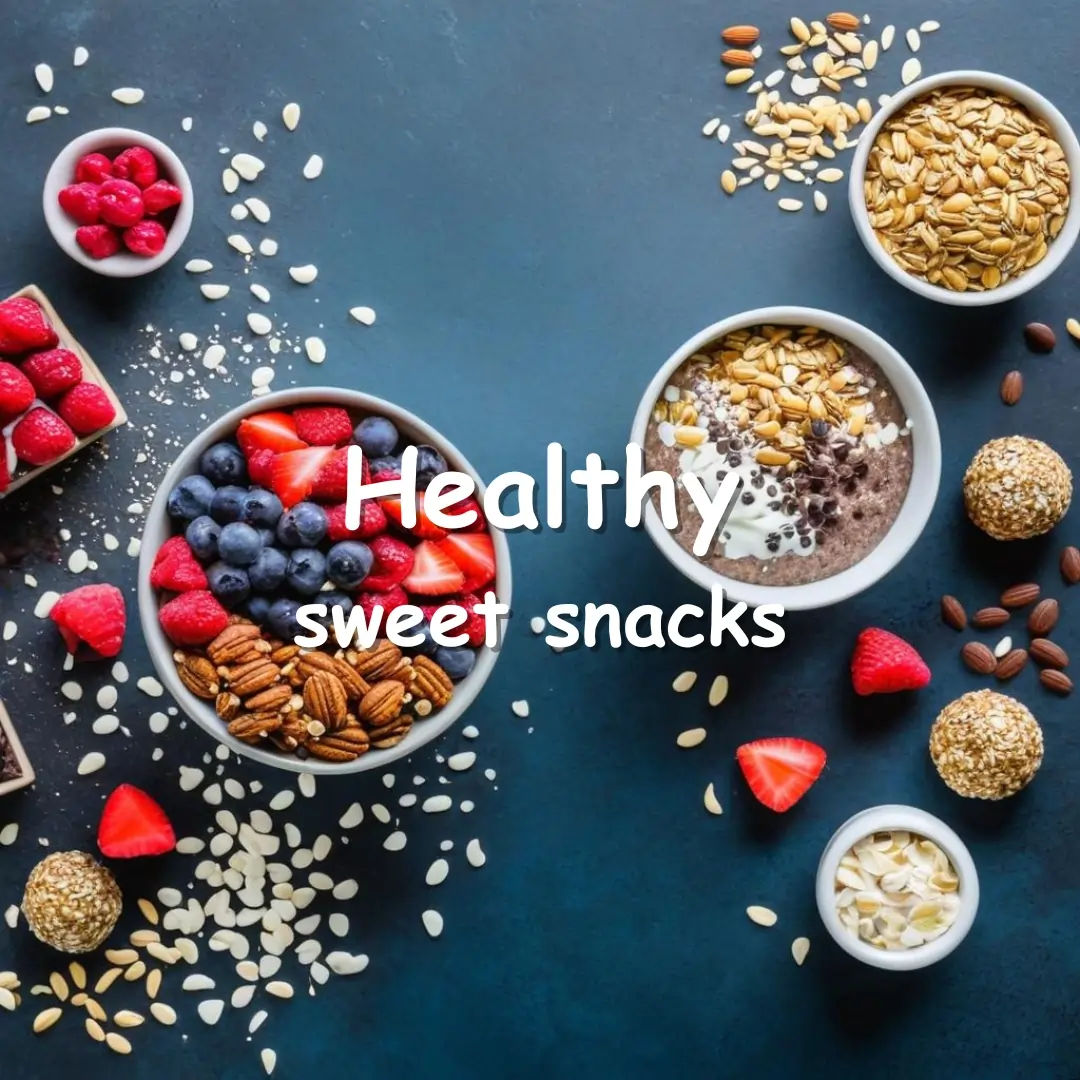 A colorful assortment of healthy sweet snacks, including energy balls, chia pudding, Greek yogurt parfaits, oatmeal cookies, and protein bars, surrounded by fresh berries, nuts, and dark chocolate.