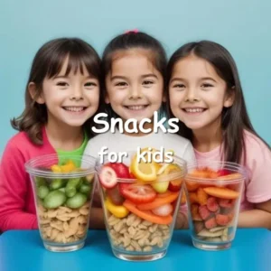 Three young girls smiling behind three clear cups filled with colorful fruits, vegetables, and nuts arranged in layers