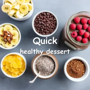 Healthy desserts featuring fruit parfaits, energy bites, chia seed pudding, and chocolate avocado mousse with fresh berries, nuts, and superfoods.