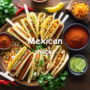 A variety of delicious Mexican snacks including tacos, churros, elote, paletas, and tamales arranged on a wooden table with vibrant colors and traditional toppings.