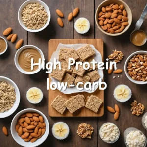 High-protein, low-carb snacks including almond butter protein bars, tuna salad cups, and coconut protein bites on a rustic wooden table with fresh ingredients.