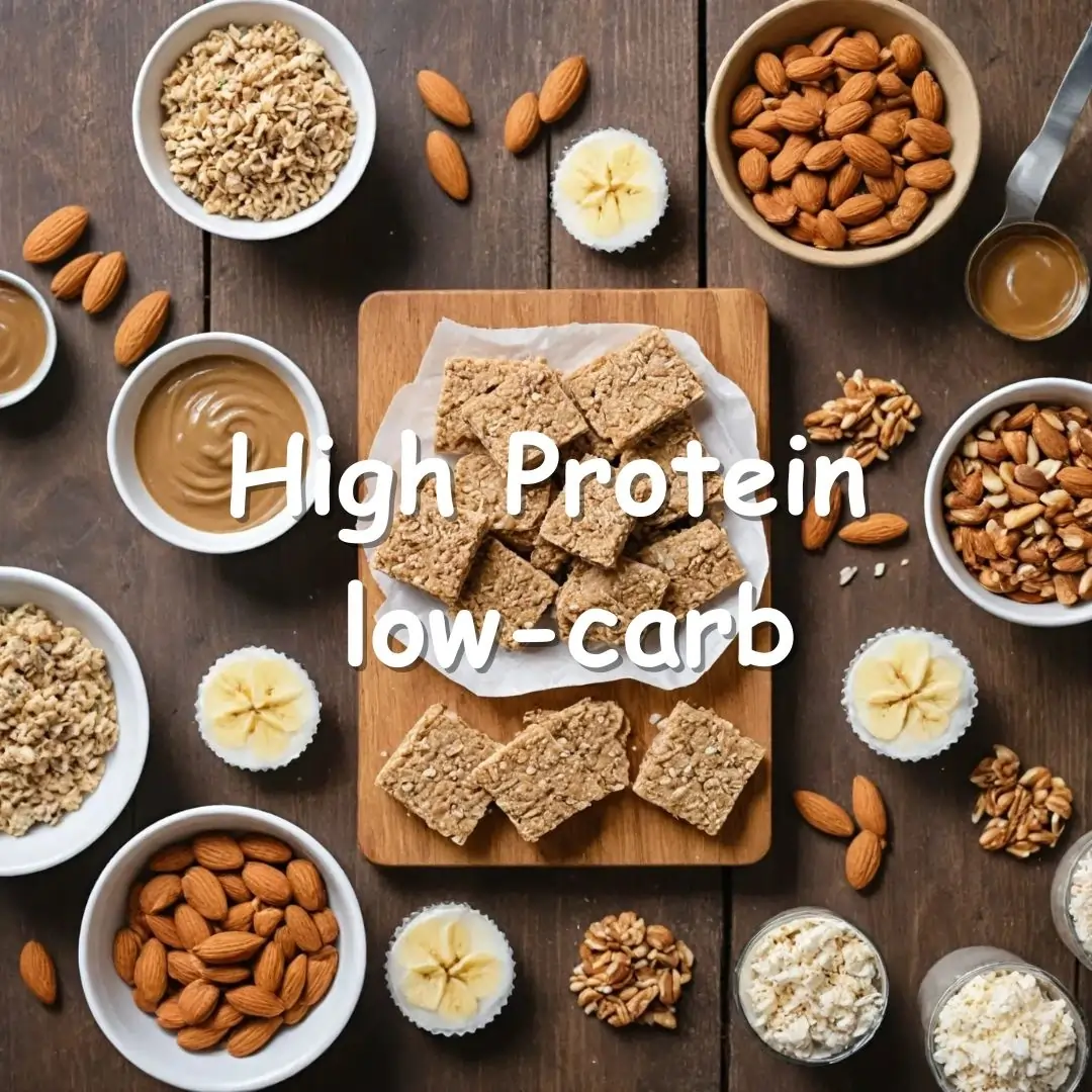 High-protein, low-carb snacks including almond butter protein bars, tuna salad cups, and coconut protein bites on a rustic wooden table with fresh ingredients.