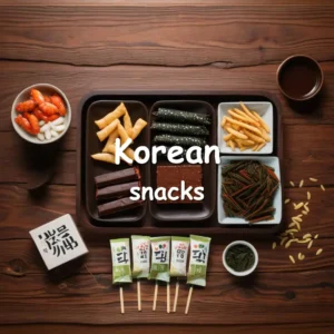 A colorful flat lay of popular Korean snacks, including Choco Pie, Shrimp Chips, Pepero, and roasted seaweed, arranged with Korean cultural elements.