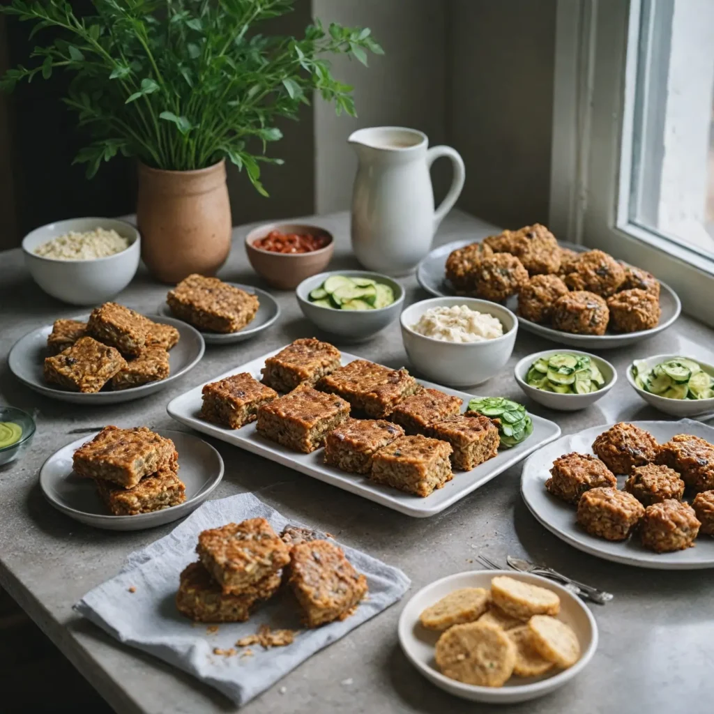 A variety of homemade high-protein, low-carb snacks such as almond butter protein bars, zucchini fritters, and coconut protein bites on a styled table.