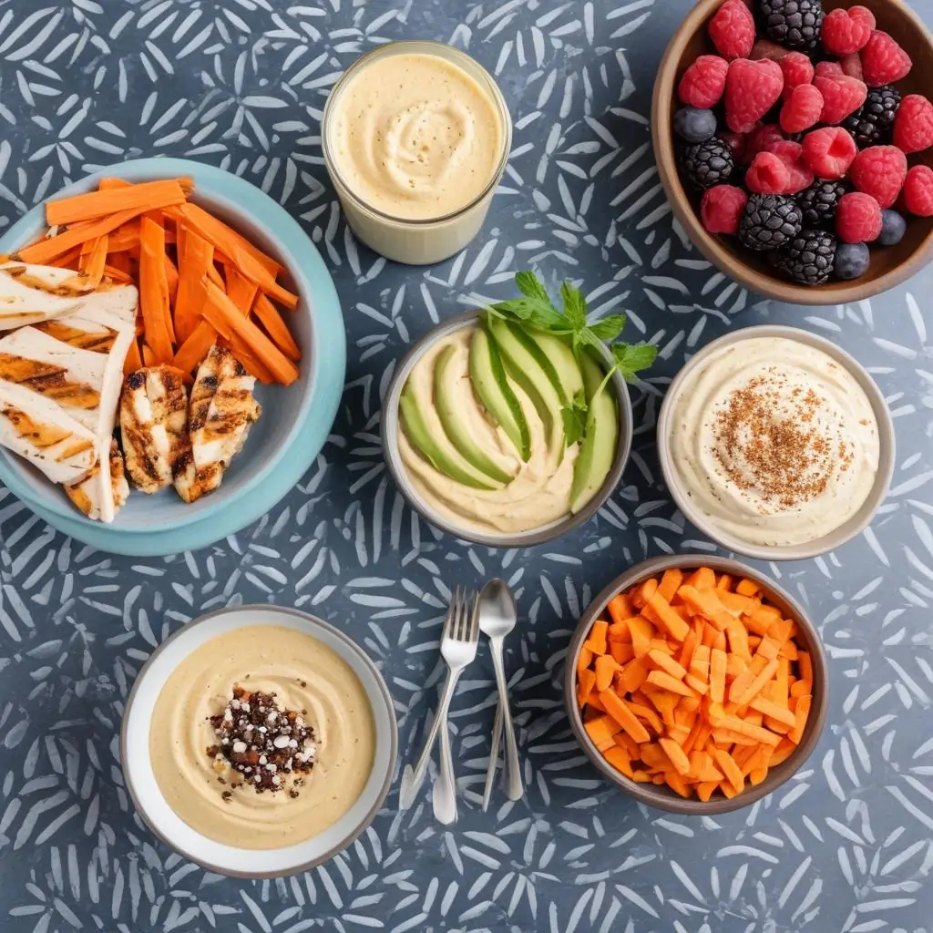 High-protein snacks including grilled chicken, hummus with carrot sticks, protein bar, and smoothie.