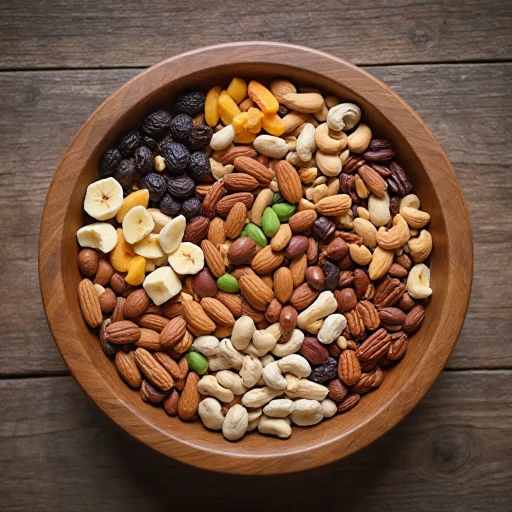 Colorful homemade trail mix with nuts, dried fruits, and chocolate in a wooden bowl
