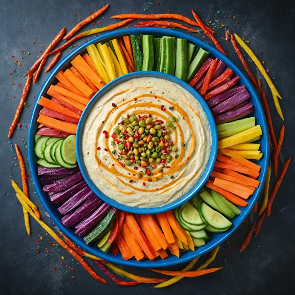 Bowl of creamy hummus surrounded by colorful vegetable sticks for dipping