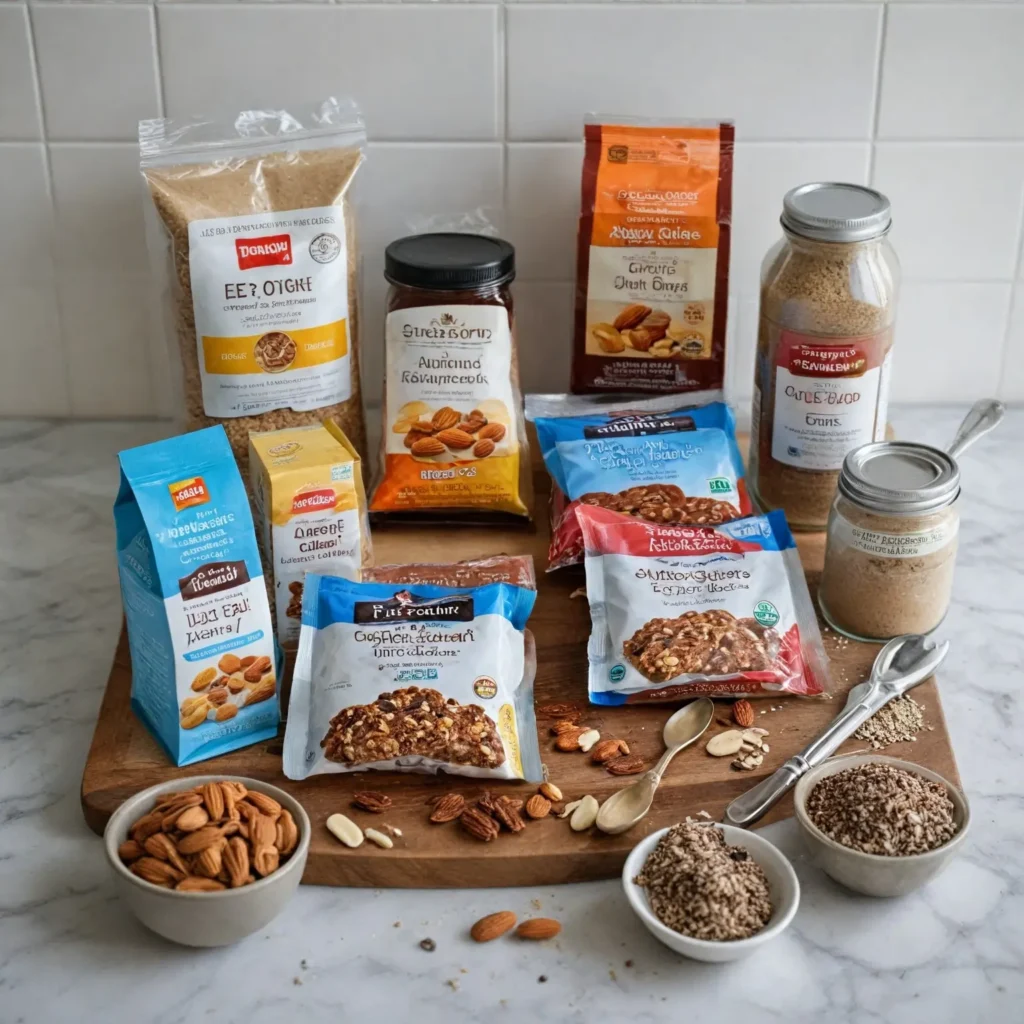 Key ingredients for low-carb energy bars such as almond flour, whey protein powder, chia seeds, and unsweetened cocoa on a rustic kitchen countertop.