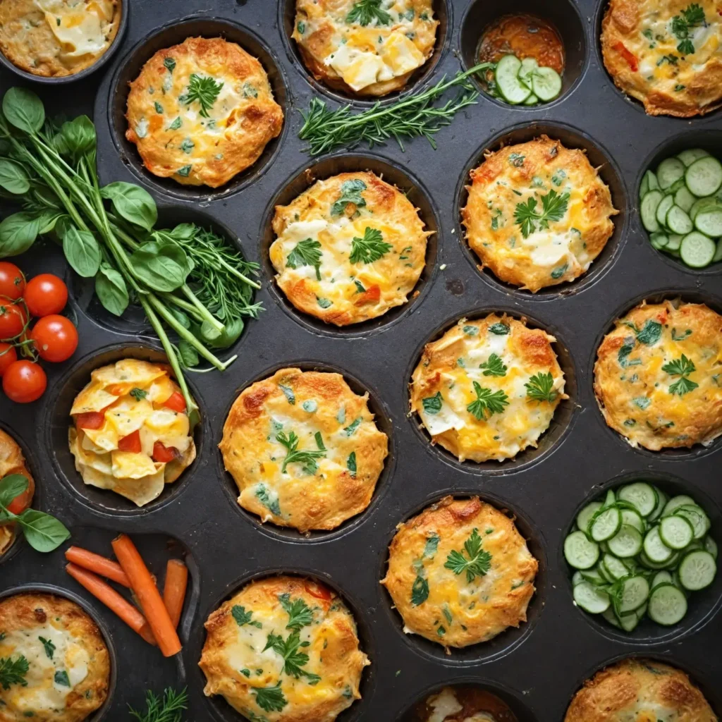 Mini egg muffins filled with colorful vegetables in a muffin tin