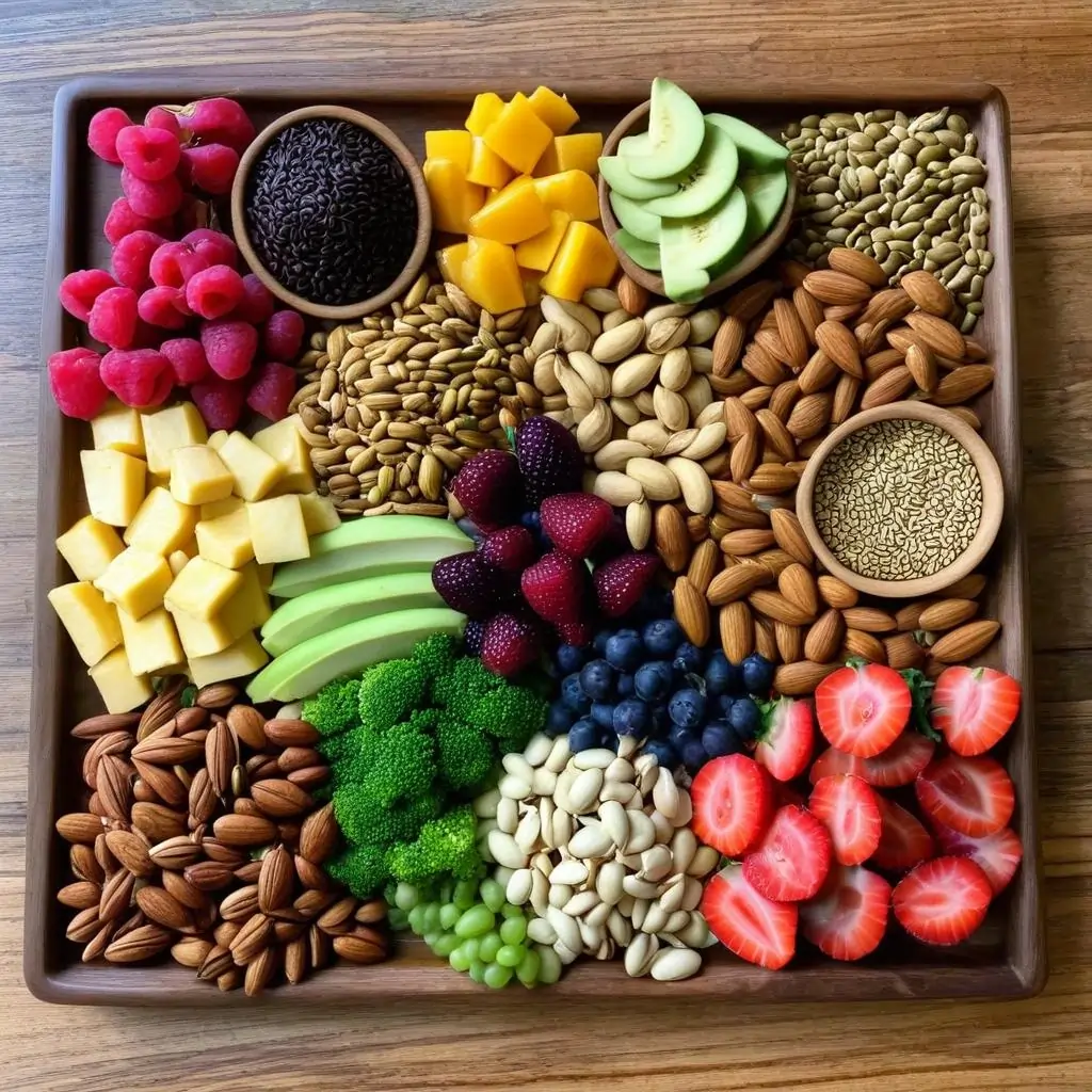 Colorful assortment of fruits, vegetables, nuts, and seeds on a wooden platter.