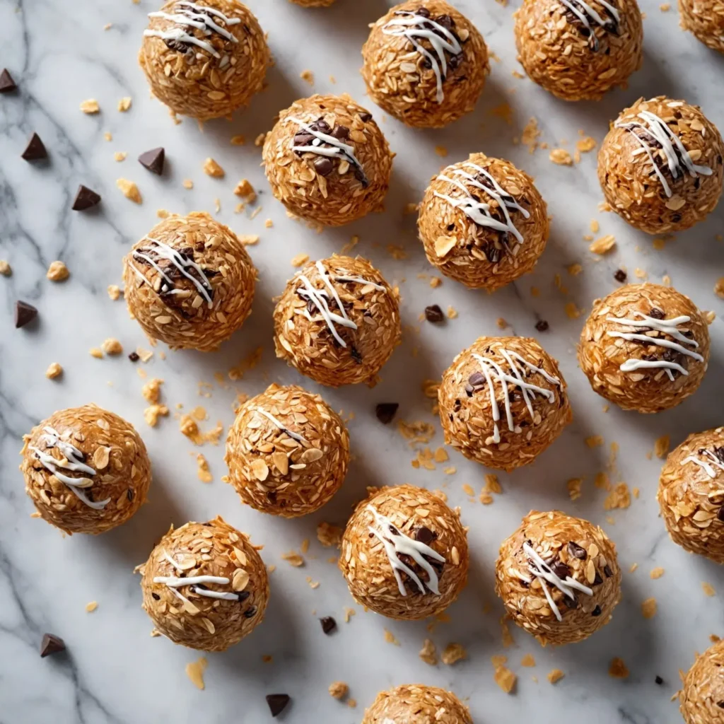 No-bake oatmeal energy balls coated in coconut flakes
