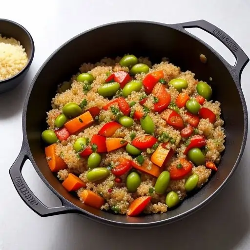 A colorful one-pot dish with quinoa, vibrant vegetables like broccoli, carrots, and bell peppers, and possibly tofu or chickpeas