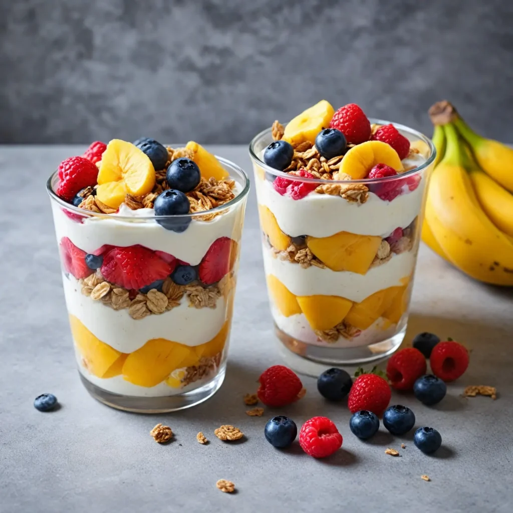 A colorful fruit and yogurt parfait served in a glass, layered with Greek yogurt, fresh fruits, and granola.