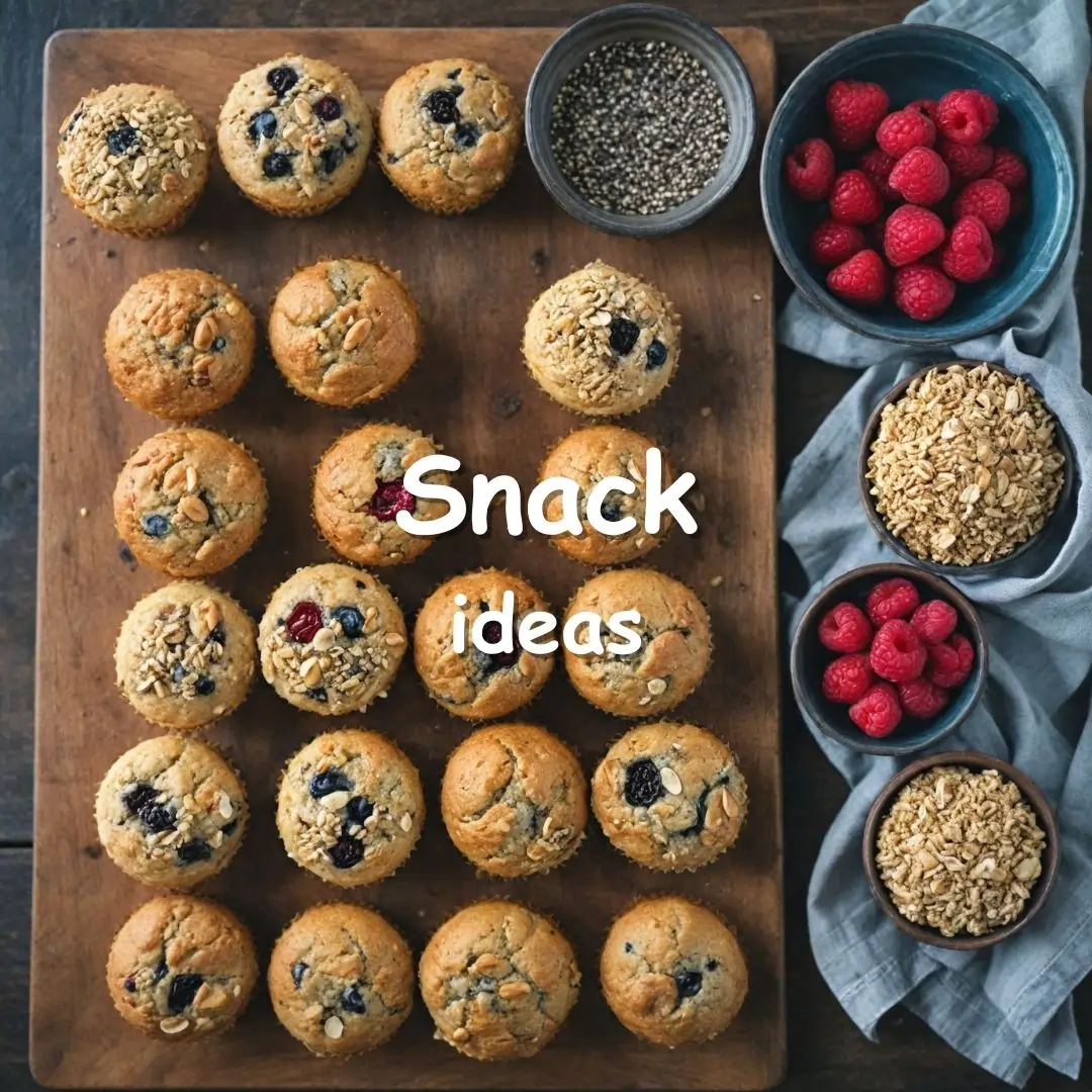 An assortment of healthy snacks including quinoa bites, almond flour muffins, chia seeds, fresh fruits, and nuts on a rustic wooden table.