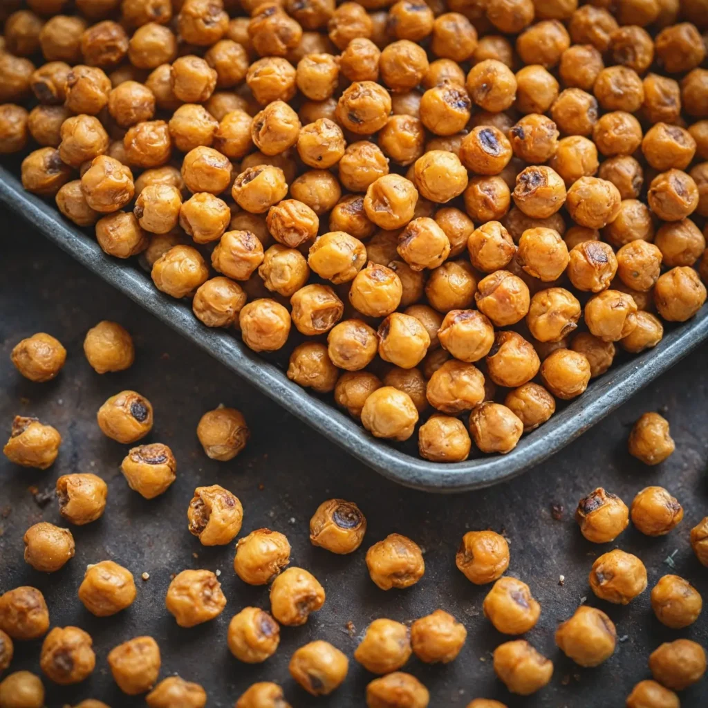Crunchy roasted chickpeas seasoned with spices, placed on a baking tray.