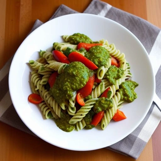 A bowl of pasta tossed with vibrant roasted vegetables like zucchini, eggplant, and bell peppers, all coated in a vibrant green basil pesto.
