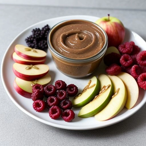 Vegan and gluten-free snacks including almond butter with apple slices, edamame, and mixed berries.