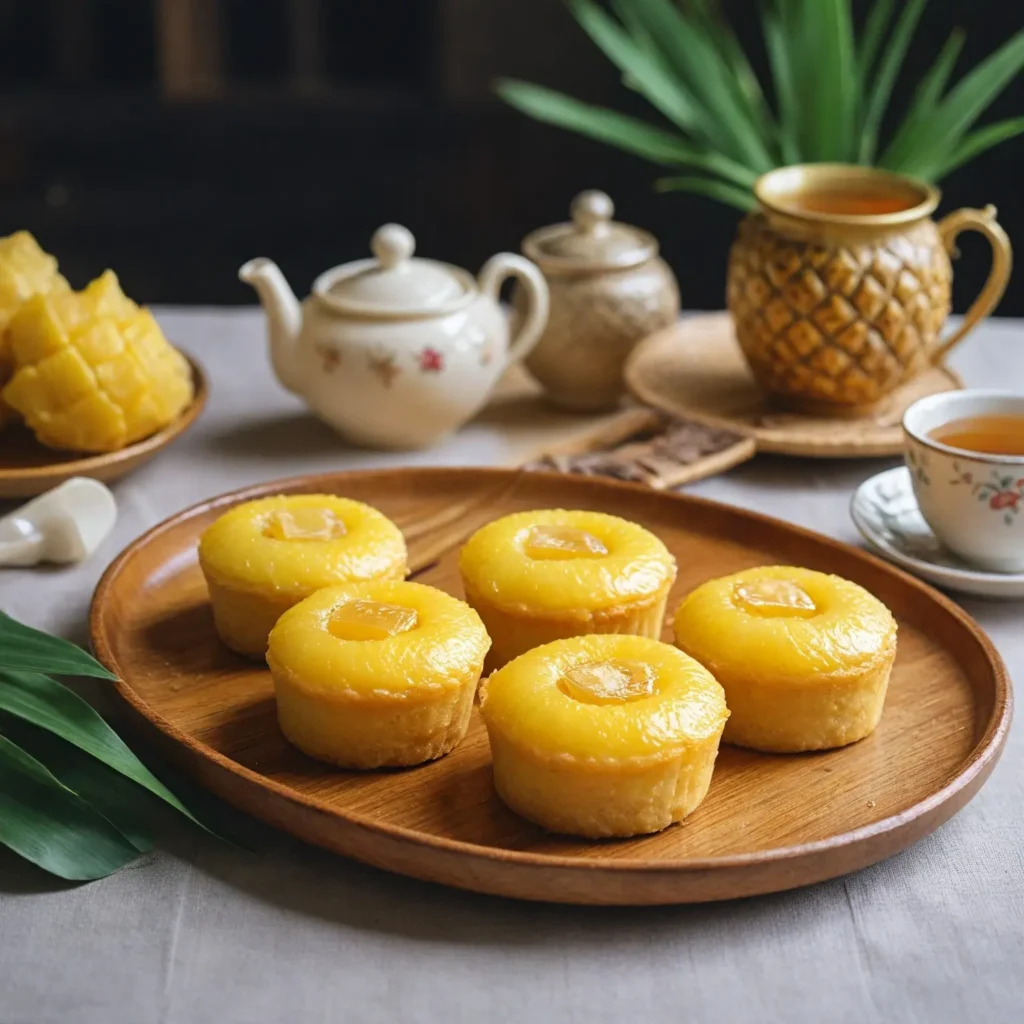 Taiwanese pineapple cakes with golden crust and tangy pineapple filling, served on a bamboo plate with a tea set, one of the best asian snacks