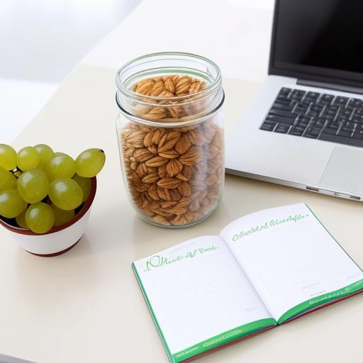 Office desk with healthy snacks including fruits, nuts, and a water bottle