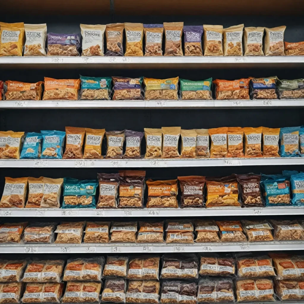 A modern grocery store shelf with a variety of high-protein, low-carb snack bars and visible nutrition labels.