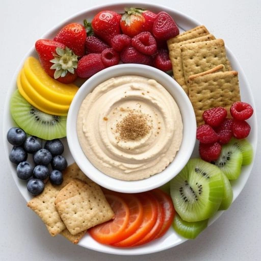 Variety of healthy snacks including fruits, yogurt, whole grain crackers, and hummus
