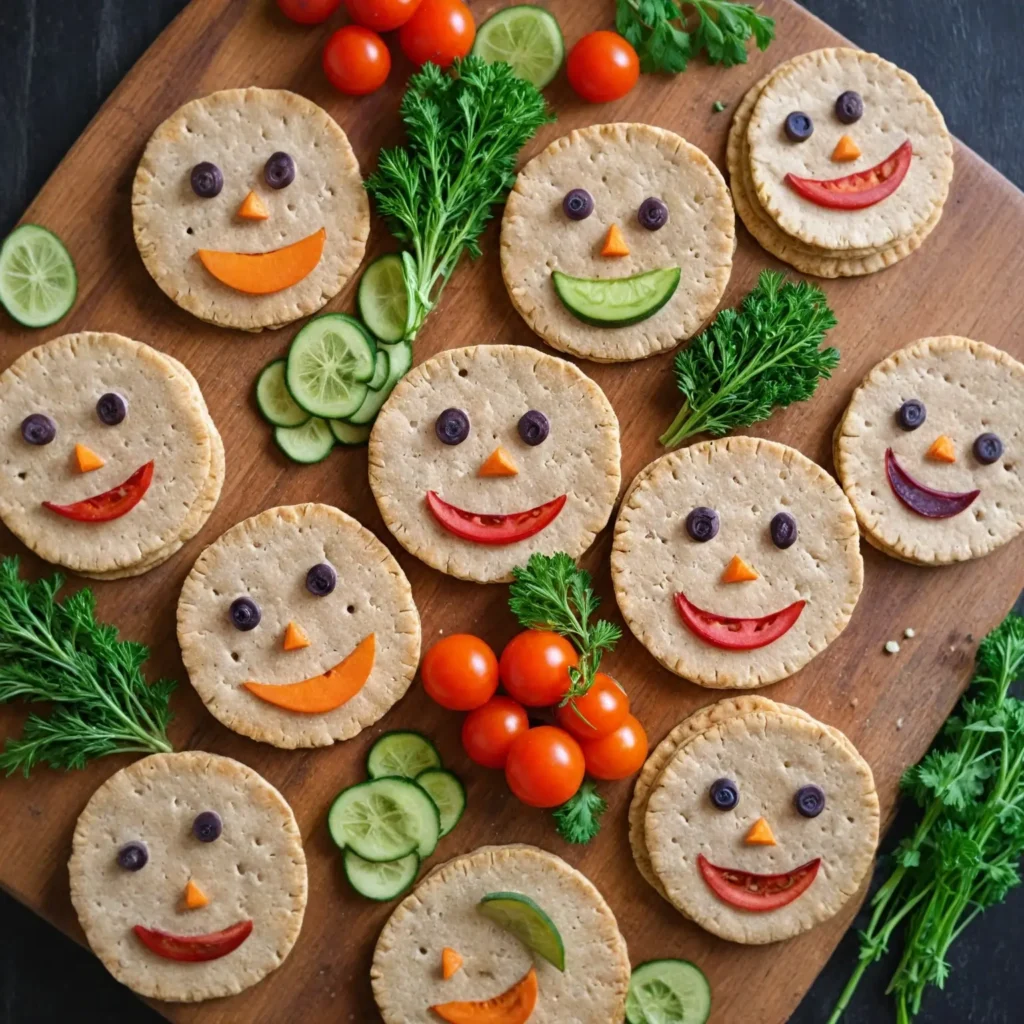 Whole wheat crackers topped with vegetables arranged to create funny faces