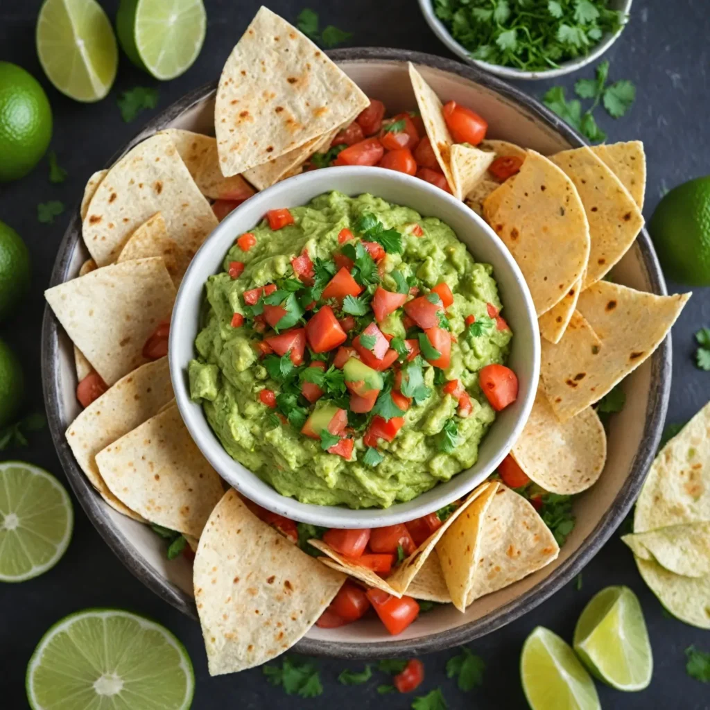 Homemade whole wheat pita chips surrounding a bowl of fresh guacamole