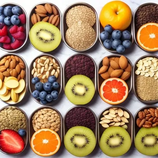 A variety of whole foods like fruits, nuts, and seeds arranged to emphasize the importance of healthy snacks for energy and focus.