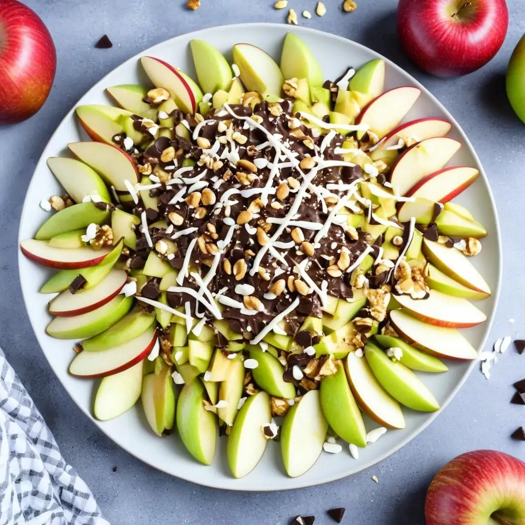 Apple nachos with peanut butter, dark chocolate chips, chopped nuts, and coconut flakes arranged on a plate.