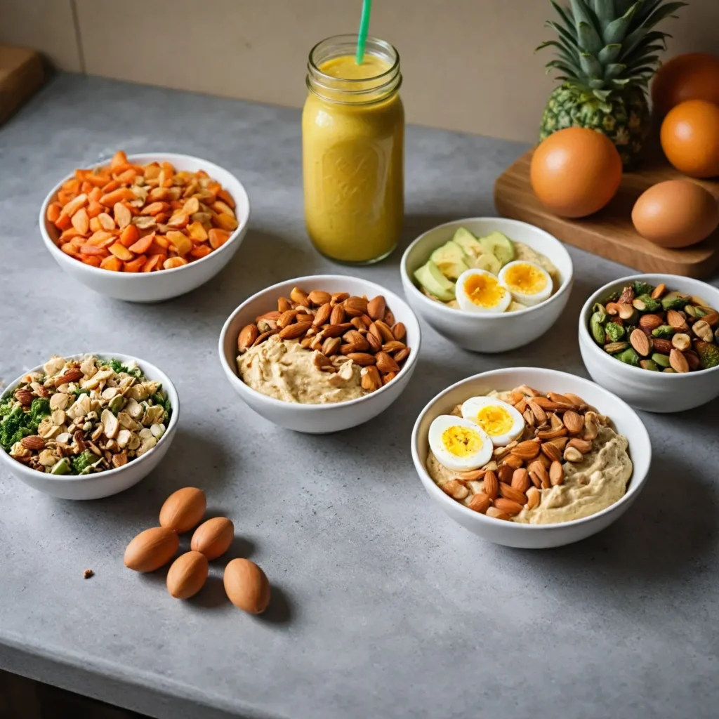 Assorted healthy protein snacks presented in individual serving bowls