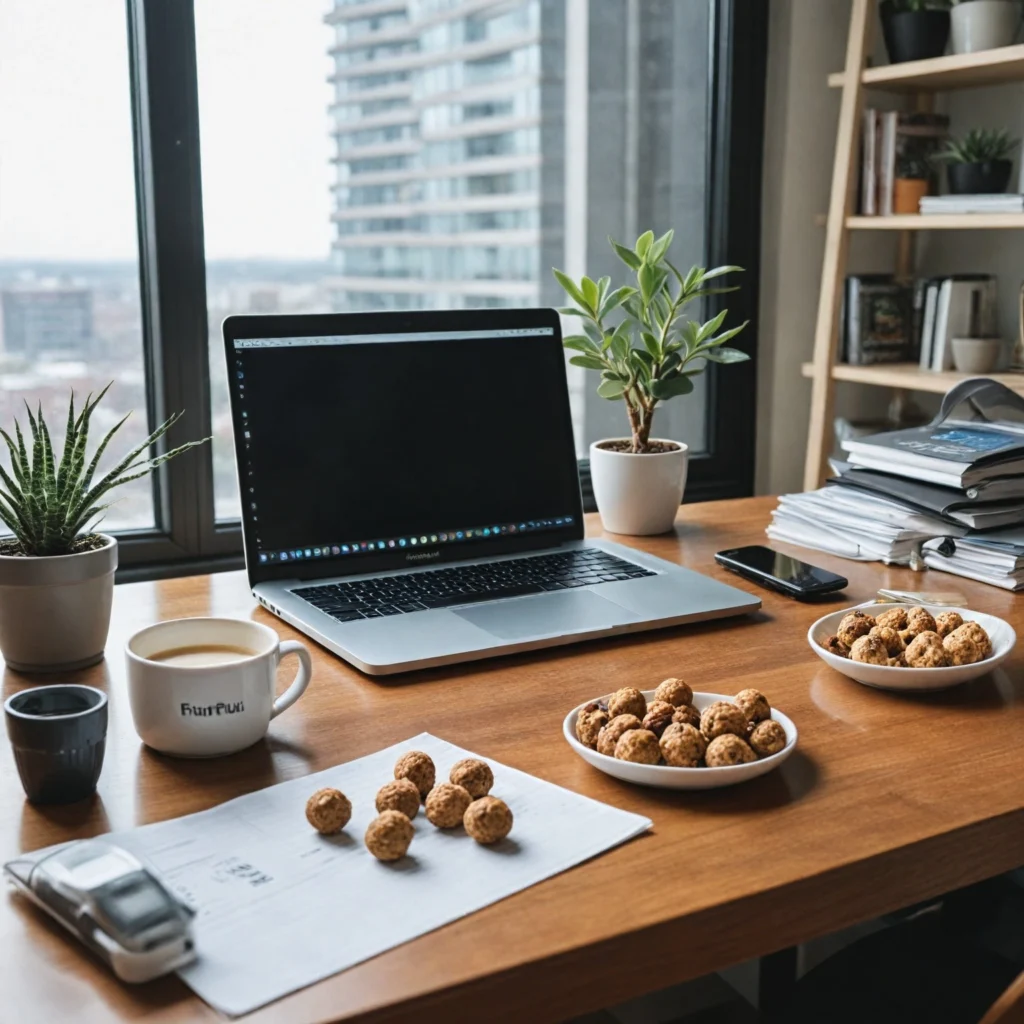 Modern workspace with laptop and healthy protein snacks