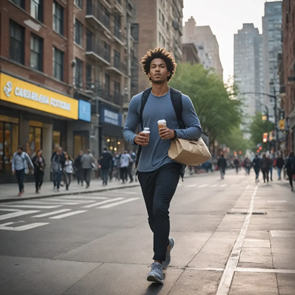 Professional in business attire holding a protein bar while walking in an urban setting