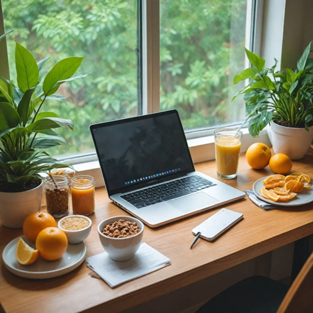 A cozy workspace with a laptop, phone, healthy snacks, a cup of coffee, and a leafy plant, symbolizing a welcoming environment for contacting a healthy snack blog