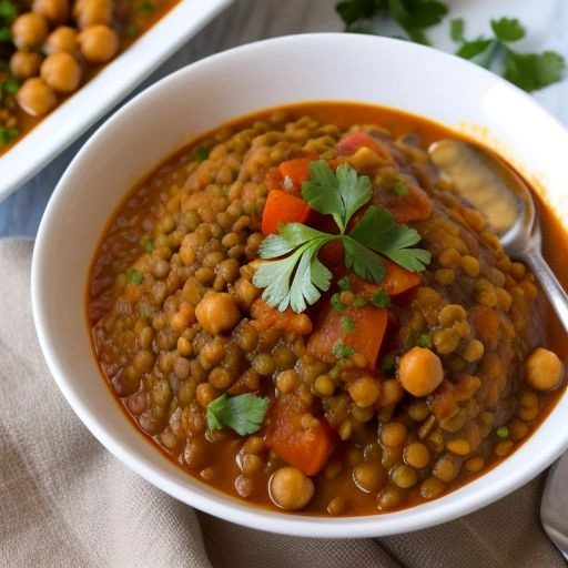 A vibrant bowl of lentil and chickpea curry, with aromatic spices and colorful vegetables like carrots, onions, and bell peppers.