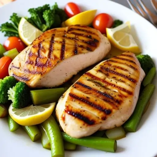 Lemon herb grilled chicken served with grilled zucchini, bell peppers, and cherry tomatoes.