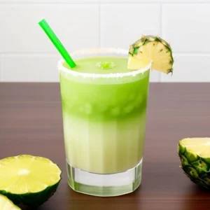 Vibrant green cocktail shot with creamy top surrounded by tropical fruits like pineapple and lime, set in a festive atmosphere.