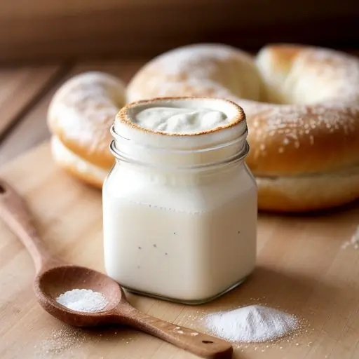A glass jar of active sourdough starter with bubbles rising to the surface, placed next to a wooden spoon and a bowl of flour.