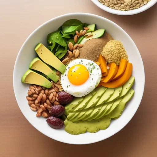 High-protein breakfast bowl with scrambled eggs, avocado, spinach, roasted sweet potatoes, and nuts.