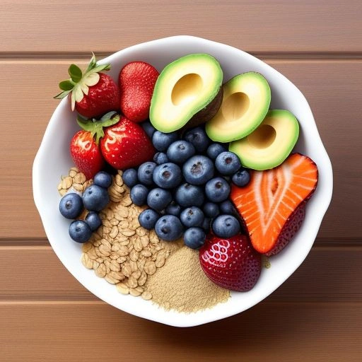 Common nutritious breakfast ingredients like oats, chia seeds, fresh berries, avocado, eggs, and Greek yogurt on a wooden surface.