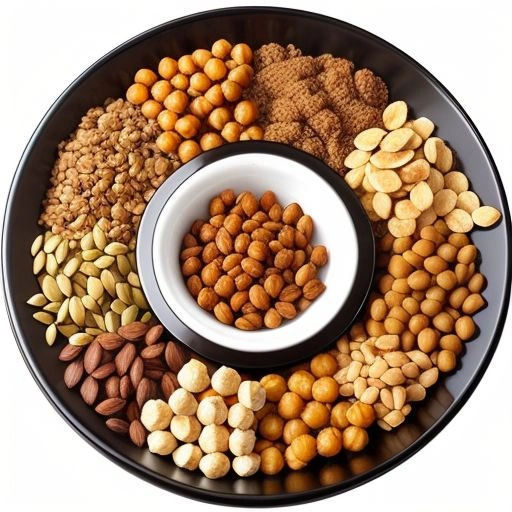 A variety of protein snacks, including trail mix, protein bars, and roasted chickpeas.