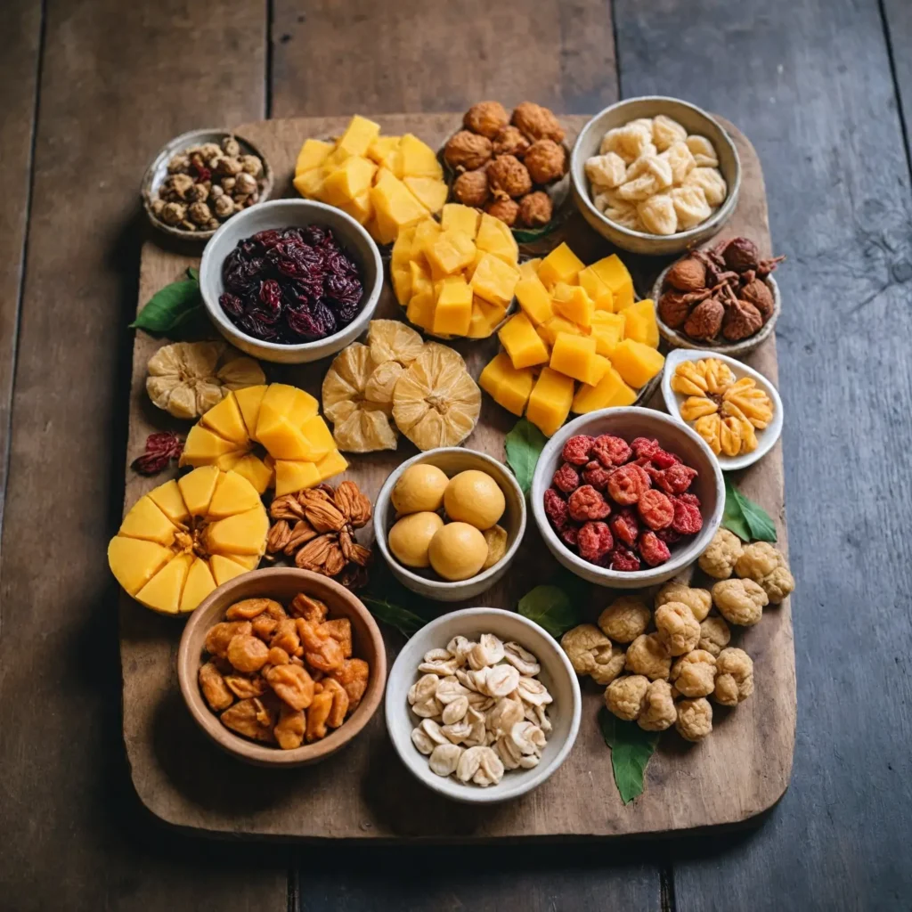 Assorted dried fruits including mango, lychee, and jackfruit, displayed on a wooden platter with a cup of herbal tea in the background.