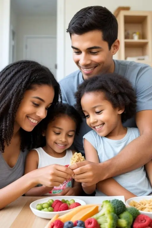 Healthy and delicious snacks like fruits, nuts, and veggie sticks enjoyed by smiling kids