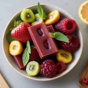 Colorful homemade fruit snacks including gummies, fruit leather, and bars, made with fresh berries and tropical fruits on a rustic surface.