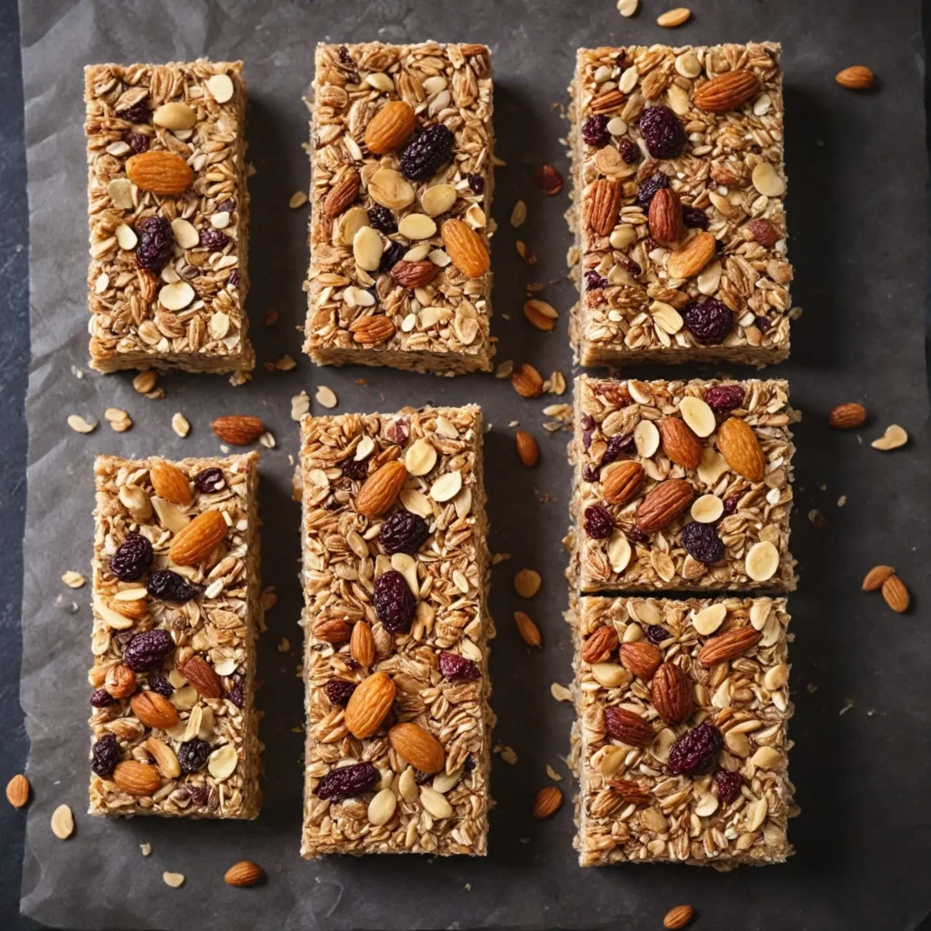 Homemade granola bars with oats, honey, and dried fruits stacked on a wooden surface.