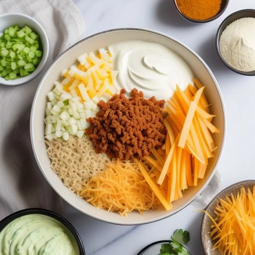A collection of fresh taco dip ingredients including ground beef, sour cream, guacamole, cheese, and fresh vegetables arranged on a countertop.
