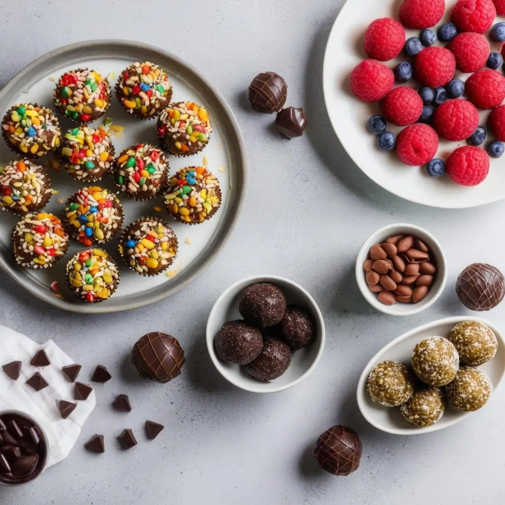 A comparison of traditional sweets like cupcakes and candy versus healthy snacks like energy balls and fresh fruits on separate plates.