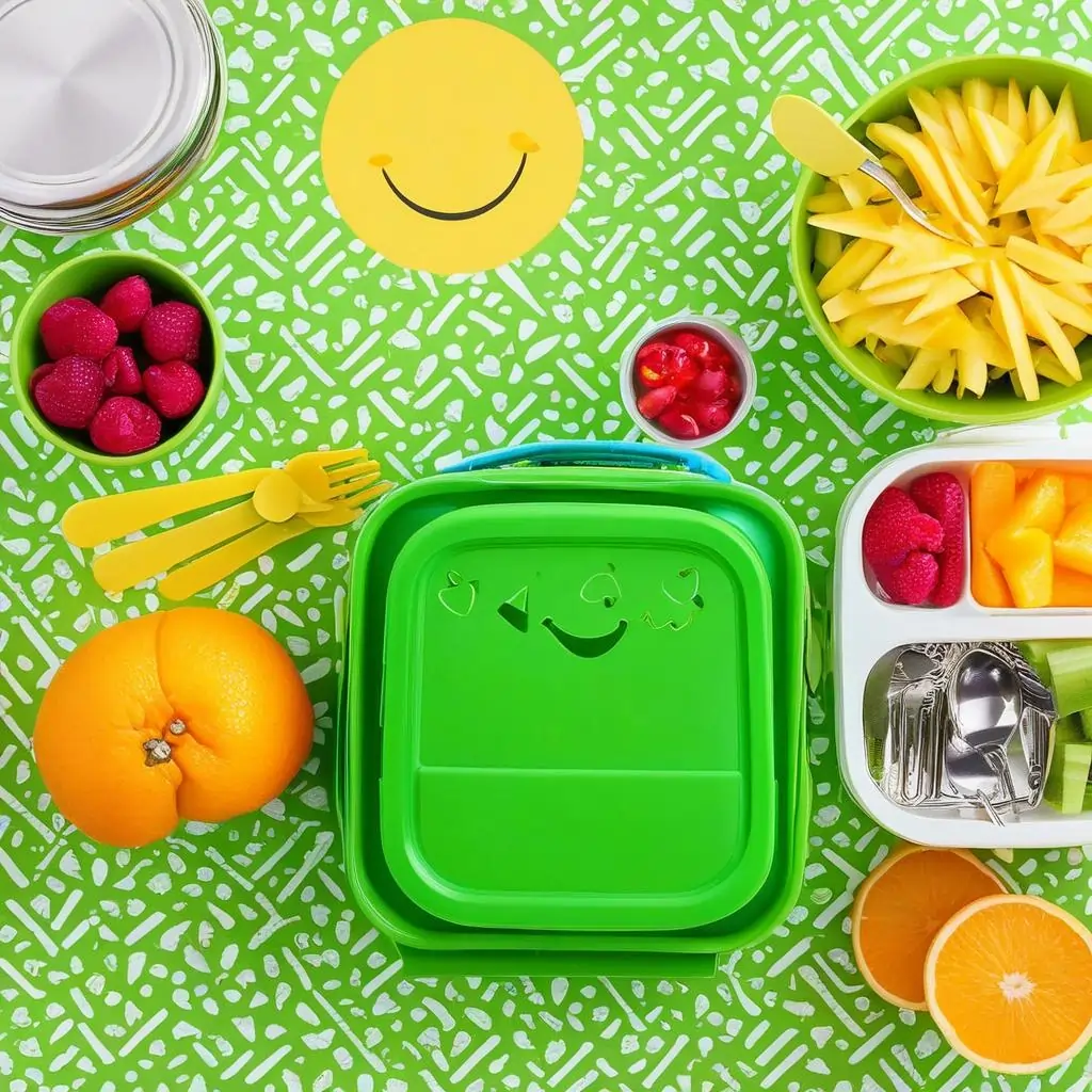 Bright and cheerful image featuring colorful fruits, vegetables, and a neatly arranged lunchbox, with playful icons like a smiling sun and cartoon utensils, representing healthy meal ideas for kids.