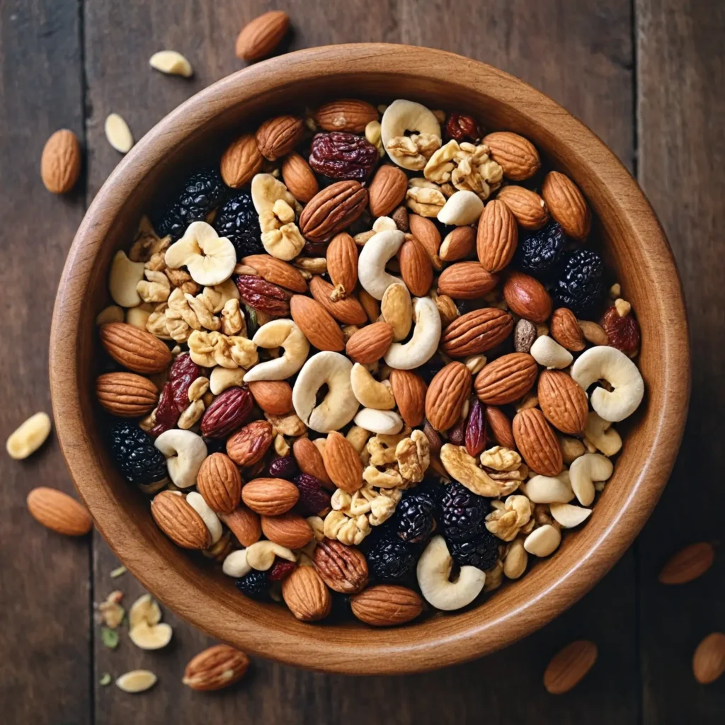 A bowl of trail mix with nuts, seeds, and dried fruit on a wooden table.