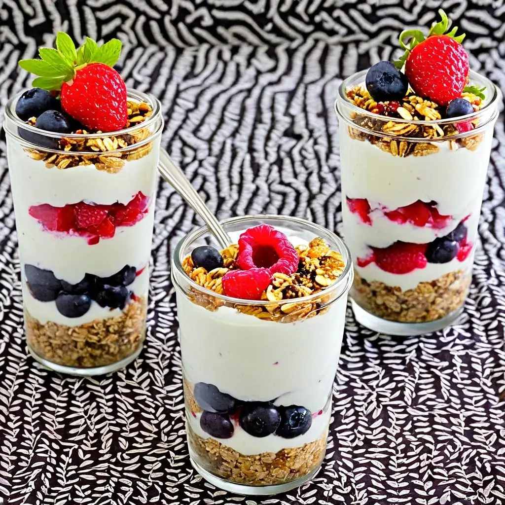 Yogurt parfaits layered with granola and fresh berries in clear glasses.