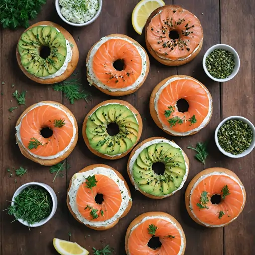 A plate of sourdough bagels sliced open, topped with cream cheese, smoked salmon, avocado, and fresh herbs, on a rustic wooden table.